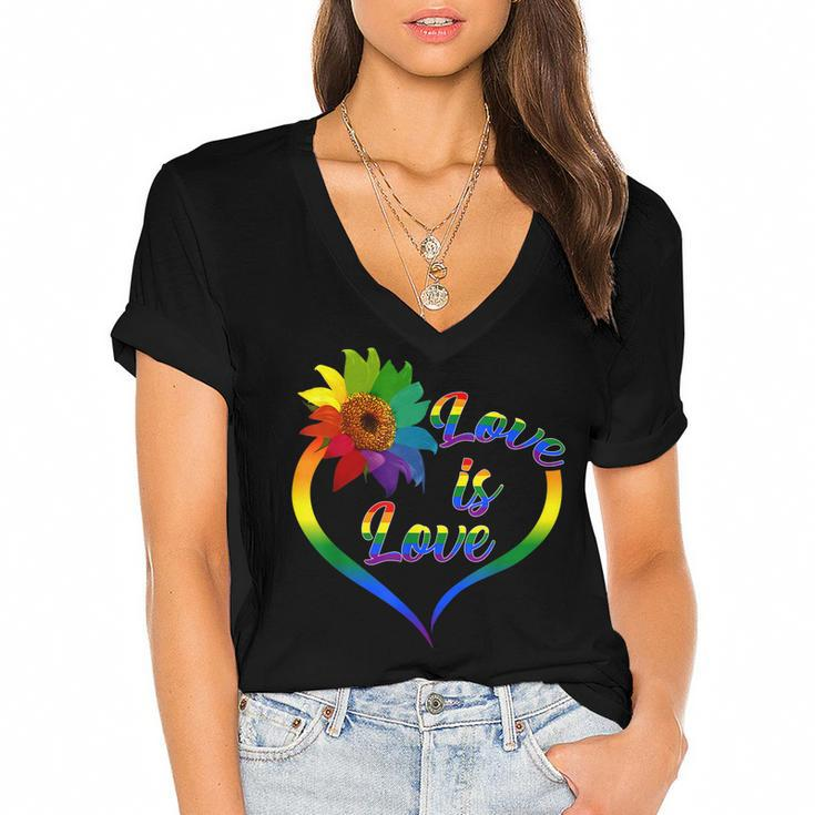 Rainbow Sunflower Love Is Love Lgbt Gay Lesbian Pride  V2 Women's Jersey Short Sleeve Deep V-Neck Tshirt