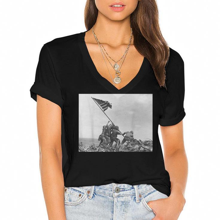 Raising The Flag On Iwo Jima Ww2 World War Ii Patriotic  Women's Jersey Short Sleeve Deep V-Neck Tshirt