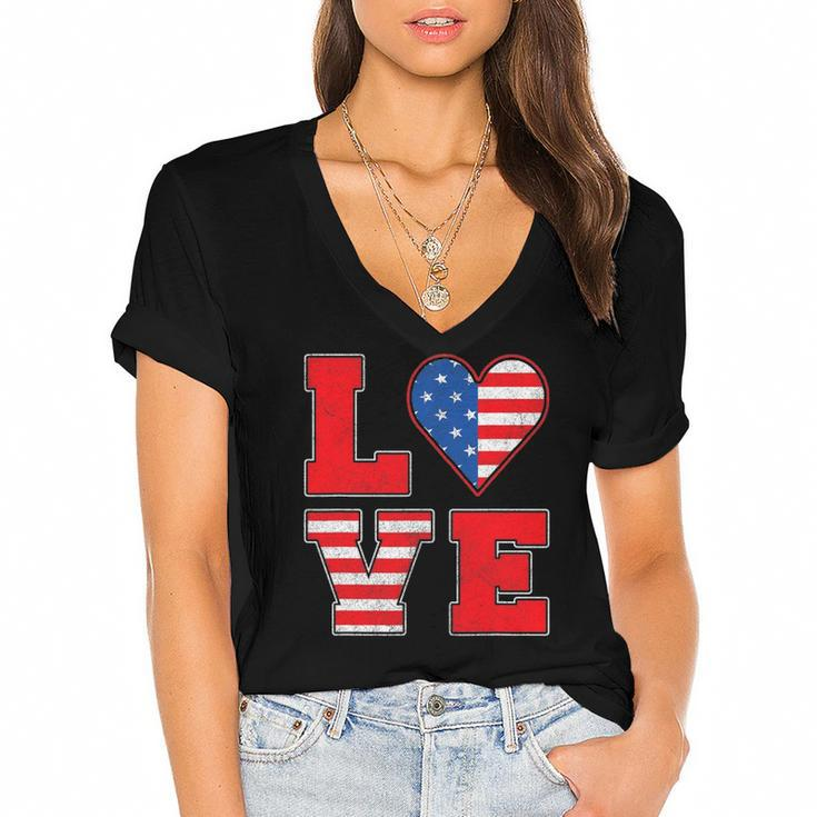 Red White And Blue S For Women Girl Love American Flag Women's Jersey Short Sleeve Deep V-Neck Tshirt