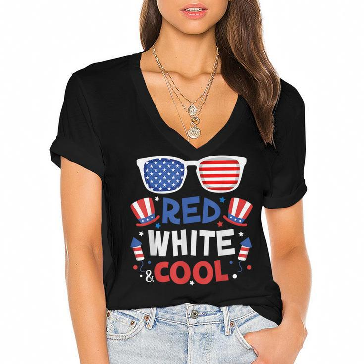 Red White And Cool Sunglasses 4Th Of July Toddler Boys Girls  Women's Jersey Short Sleeve Deep V-Neck Tshirt