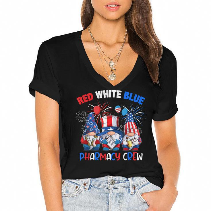 Red White Blue American Pharmacy Crew Gnome 4Th Of July  Women's Jersey Short Sleeve Deep V-Neck Tshirt