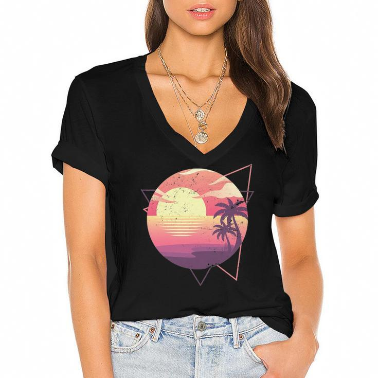 Retro 80S Vaporwave Aesthetic Tropical Sunset 90S Vaporwave Women's Jersey Short Sleeve Deep V-Neck Tshirt