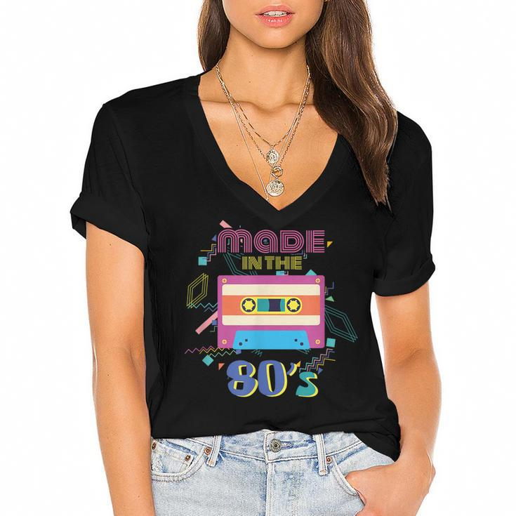 Retro Dance Party Disco Birthday Made In 80S Cassette Tape  Women's Jersey Short Sleeve Deep V-Neck Tshirt