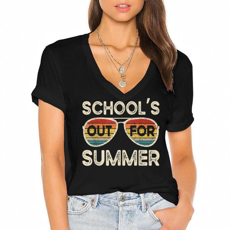 Retro Last Day Of School Schools Out For Summer Teacher  Women's Jersey Short Sleeve Deep V-Neck Tshirt