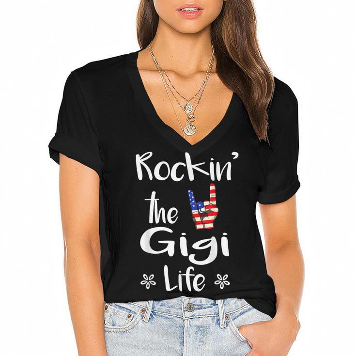 Rockin The Gigi Life Cute 4Th Of July American Flag  Women's Jersey Short Sleeve Deep V-Neck Tshirt
