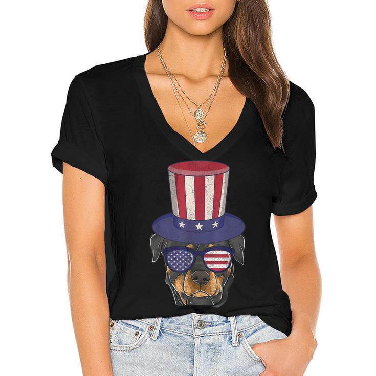 Rottweiler Patriotic Dog Mom & Dad  4Th Of July Usa  Women's Jersey Short Sleeve Deep V-Neck Tshirt