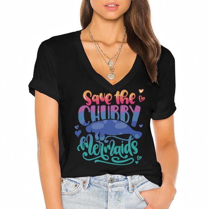 Save The Chubby Mermaids Funny Mermaid Women's Jersey Short Sleeve Deep V-Neck Tshirt