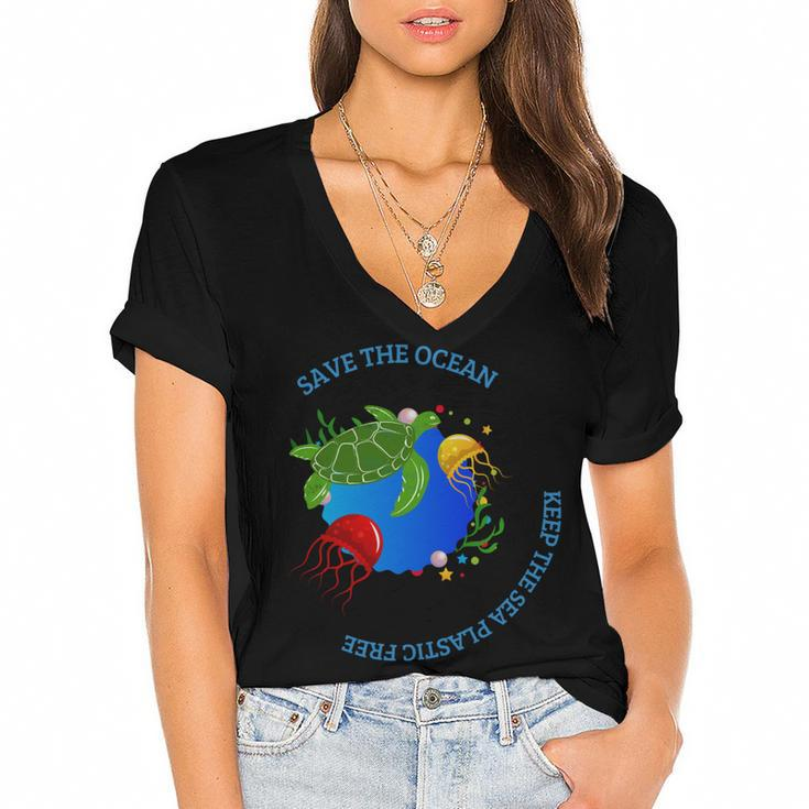 Save The Ocean Keep The Sea Plastic Free Women's Jersey Short Sleeve Deep V-Neck Tshirt