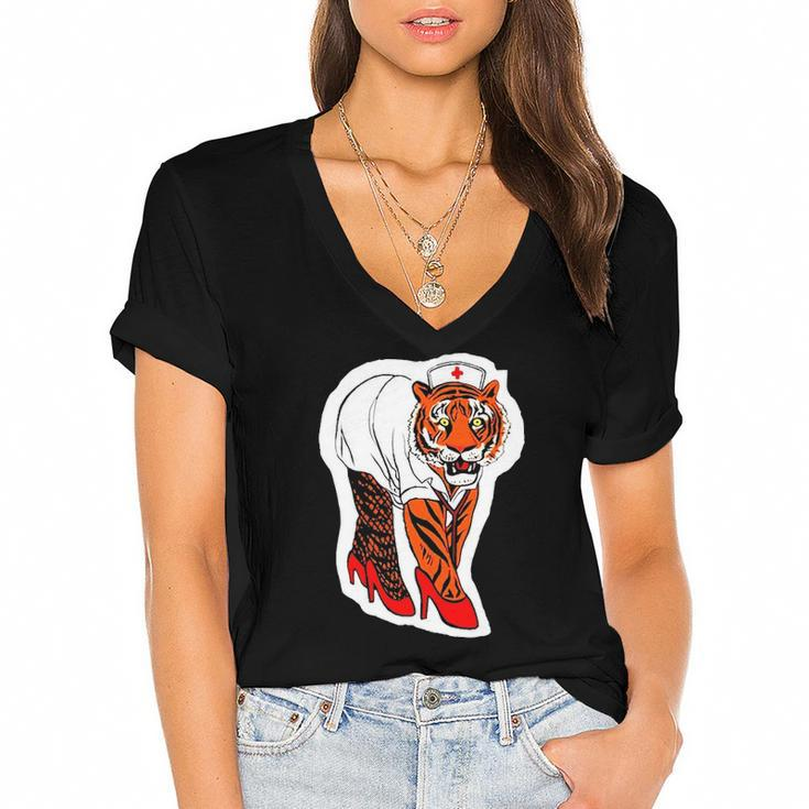 Sexy Tiger Nurse Tiger Lover Gift Women's Jersey Short Sleeve Deep V-Neck Tshirt