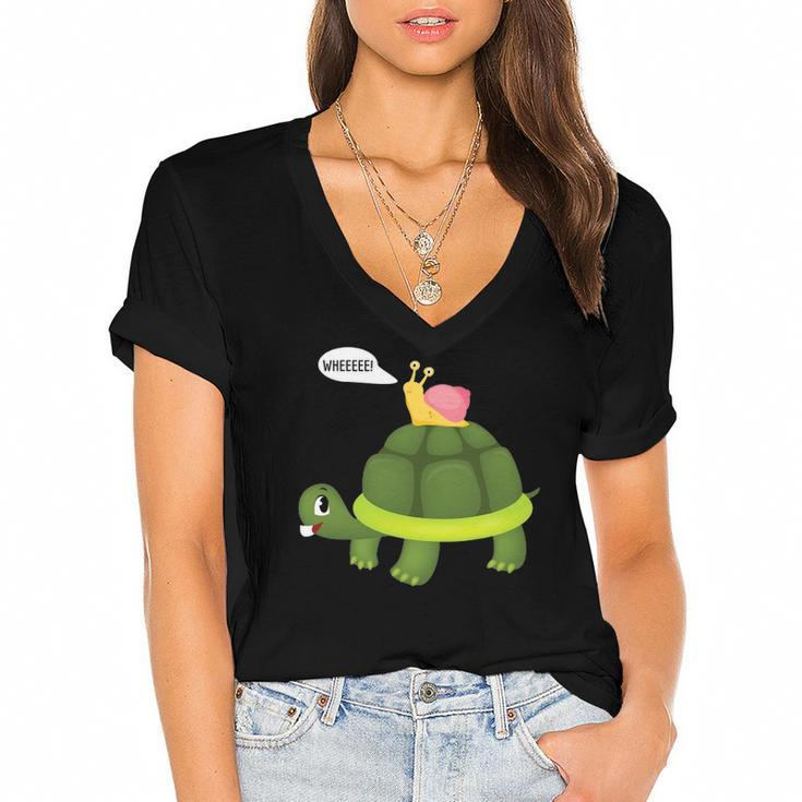 Snail Riding Turtle Funny Gift Women's Jersey Short Sleeve Deep V-Neck Tshirt