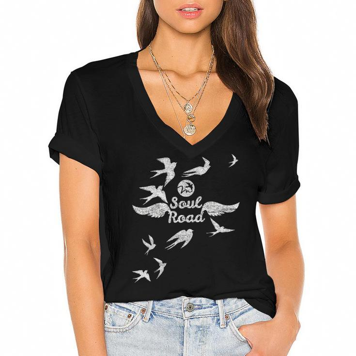 Soul Road With Flying Birds Women's Jersey Short Sleeve Deep V-Neck Tshirt