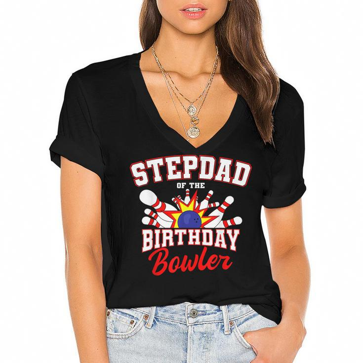 Stepdad Of The Birthday Bowler Bday Bowling Party  Women's Jersey Short Sleeve Deep V-Neck Tshirt