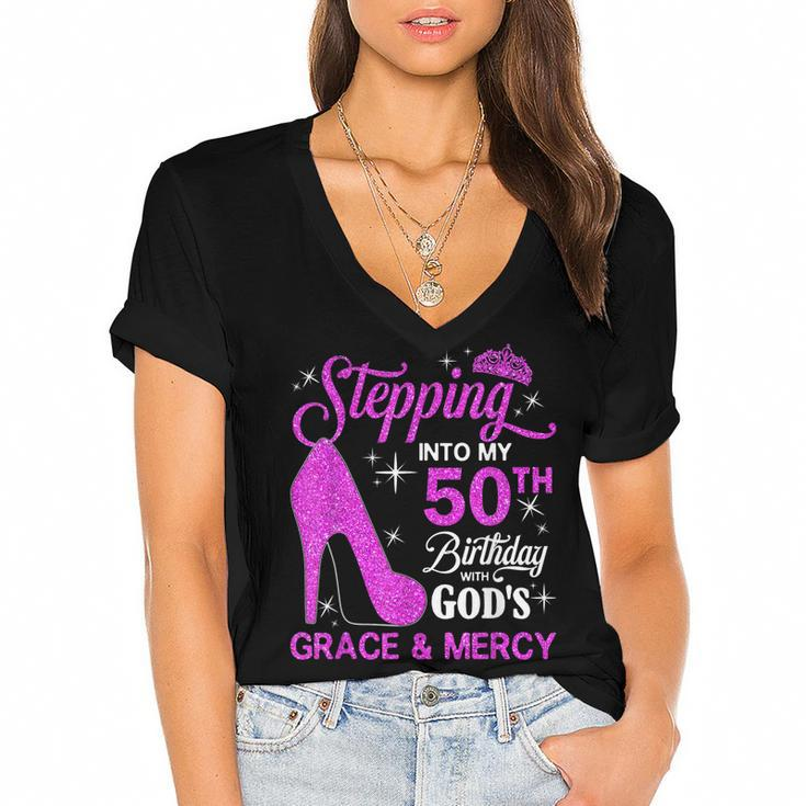 Stepping Into My 50Th Birthday With Gods Grace And Mercy  Women's Jersey Short Sleeve Deep V-Neck Tshirt