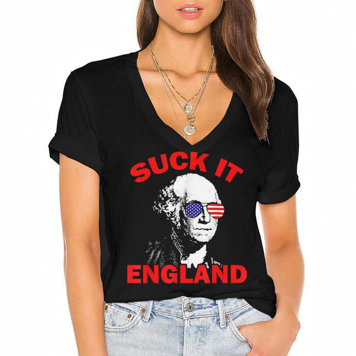 Suck It England Funny 4Th Of July Patriotic  Women's Jersey Short Sleeve Deep V-Neck Tshirt