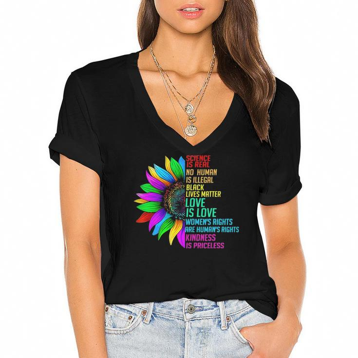 Sunflower Rainbow Science Is Real Black Lives Matter Lgbt Women's Jersey Short Sleeve Deep V-Neck Tshirt