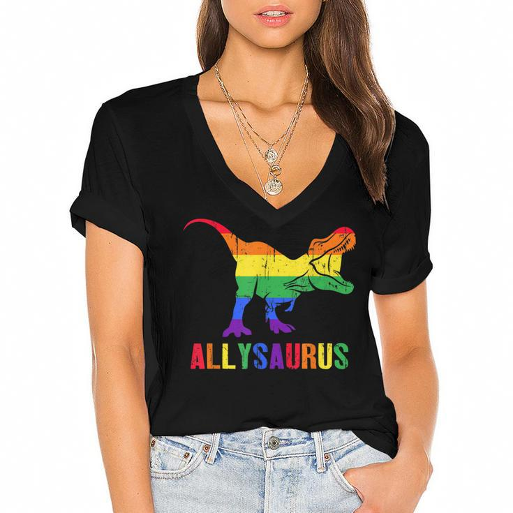 T Rex Dinosaur Lgbt Gay Pride Flag Allysaurus Ally  Women's Jersey Short Sleeve Deep V-Neck Tshirt
