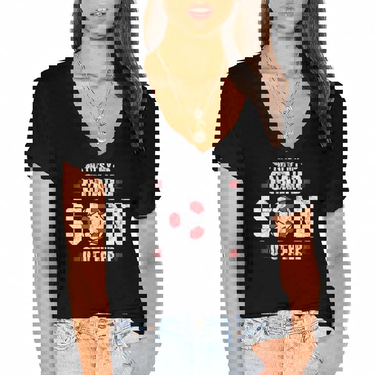 Thats My Grandson Out There Soccer Fan Grandpa Grandma Women's Jersey Short Sleeve Deep V-Neck Tshirt