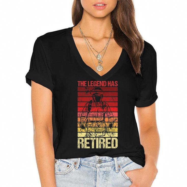 The Legend Has Retired Fire Department Fireman Firefighter Women's Jersey Short Sleeve Deep V-Neck Tshirt