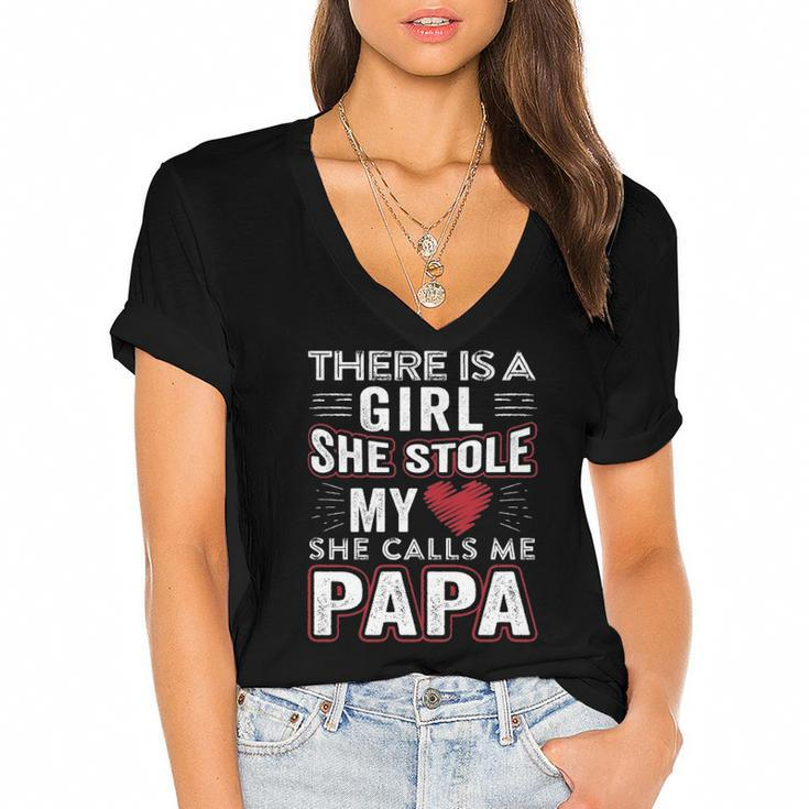 There Is A Girl She Stole My Heart She Calls Me Papa Gift Women's Jersey Short Sleeve Deep V-Neck Tshirt