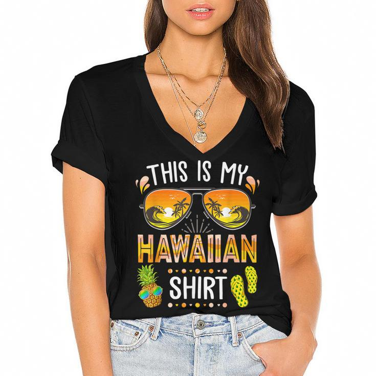 This Is My Hawaiian  Aloha Hawaii Beach Summer Vacation  Women's Jersey Short Sleeve Deep V-Neck Tshirt