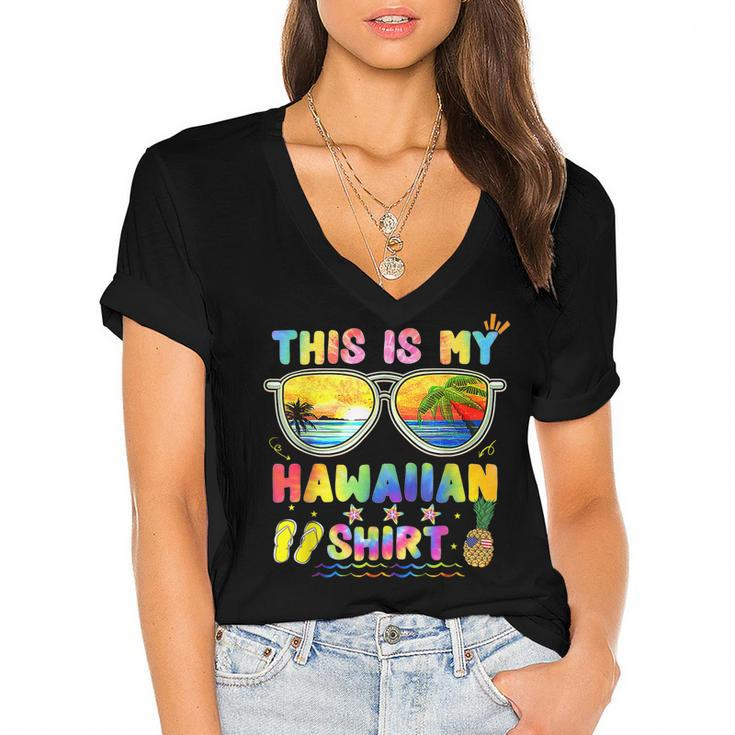 This Is My Hawaiian  Luau Aloha Hawaii Beach Pineapple  Women's Jersey Short Sleeve Deep V-Neck Tshirt