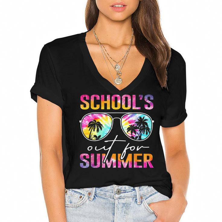 Tie Dye Last Day Of School Schools Out For Summer Teacher  Women's Jersey Short Sleeve Deep V-Neck Tshirt