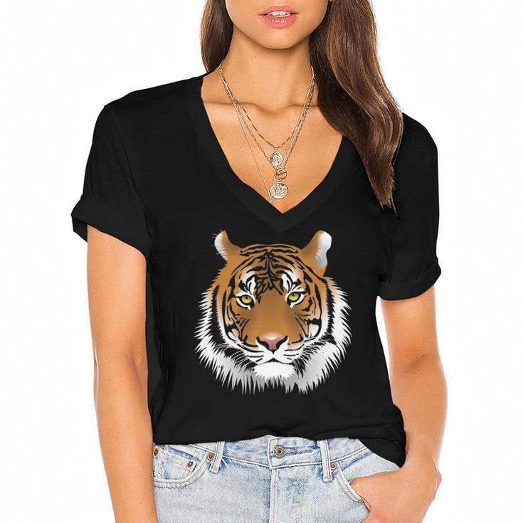 Tiger Face Animal Lover Funny Tigers Zoo Kids Boys Girl Women's Jersey Short Sleeve Deep V-Neck Tshirt