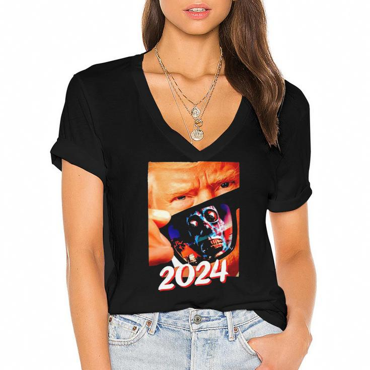 Trump 2024 They Live Donald Trump Supporter Women's Jersey Short Sleeve Deep V-Neck Tshirt