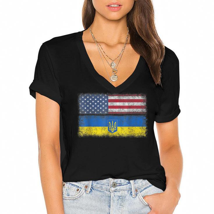 Ukrainian American Flag Ukraine Usa America Roots  Women's Jersey Short Sleeve Deep V-Neck Tshirt