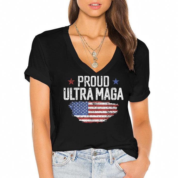 Ultra Maga  American Flag Disstressed Proud Ultra Maga  Women's Jersey Short Sleeve Deep V-Neck Tshirt