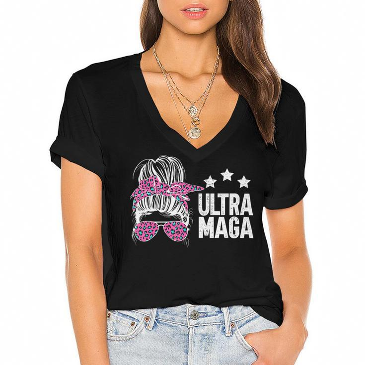 Ultra Maga Messy Bun Women's Jersey Short Sleeve Deep V-Neck Tshirt