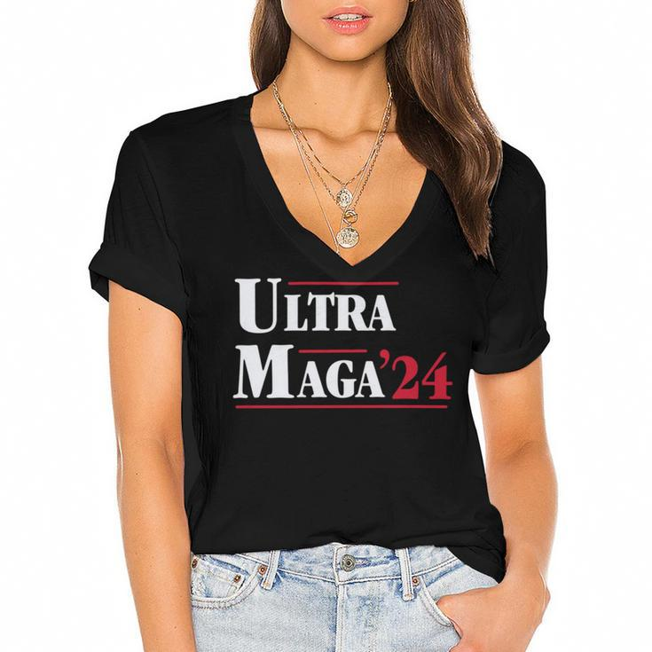 Ultra Maga Retro Style Red And White Text Women's Jersey Short Sleeve Deep V-Neck Tshirt