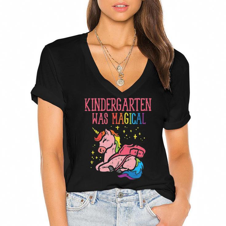Unicorn Kindergarten Was Magical Last Day Graduation Girls Women's Jersey Short Sleeve Deep V-Neck Tshirt