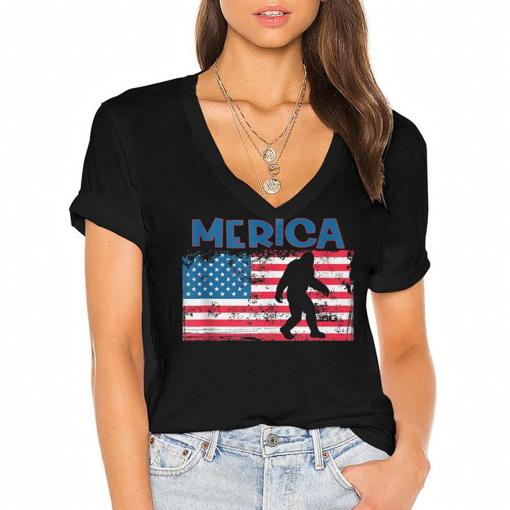 Us Flag Bigfoot July 4Th Sasquatch Patriotic Merica  Women's Jersey Short Sleeve Deep V-Neck Tshirt