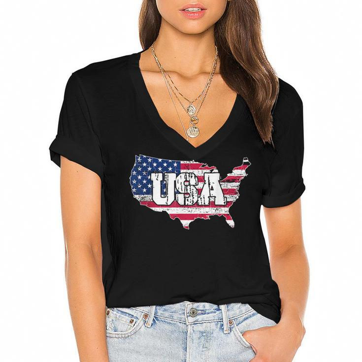 Usa  American Flag United States Of America 4Th Of July  Women's Jersey Short Sleeve Deep V-Neck Tshirt