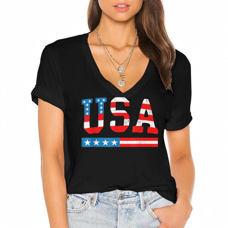 Usa Flag American  4Th Of July Merica America Flag Usa  Women's Jersey Short Sleeve Deep V-Neck Tshirt
