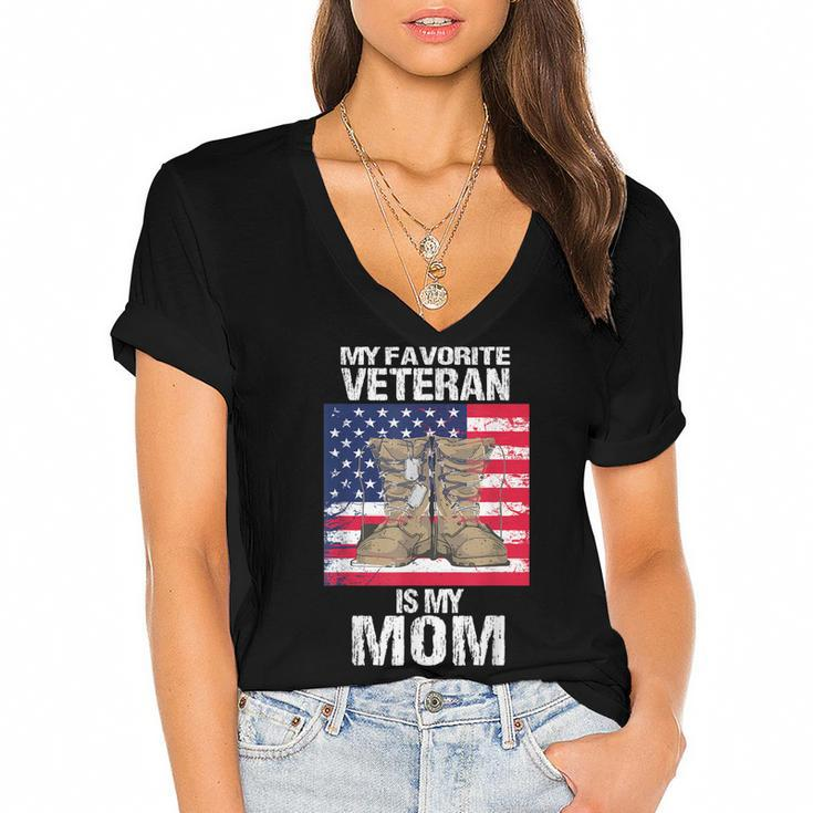 Veteran Mom Proud Son Kids Veterans Day Us Veteran Mother  Women's Jersey Short Sleeve Deep V-Neck Tshirt