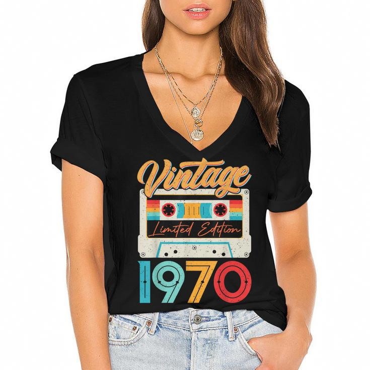 Vintage 1970 Awesome 52 Years Old Retro 52Nd Birthday Bday  Women's Jersey Short Sleeve Deep V-Neck Tshirt