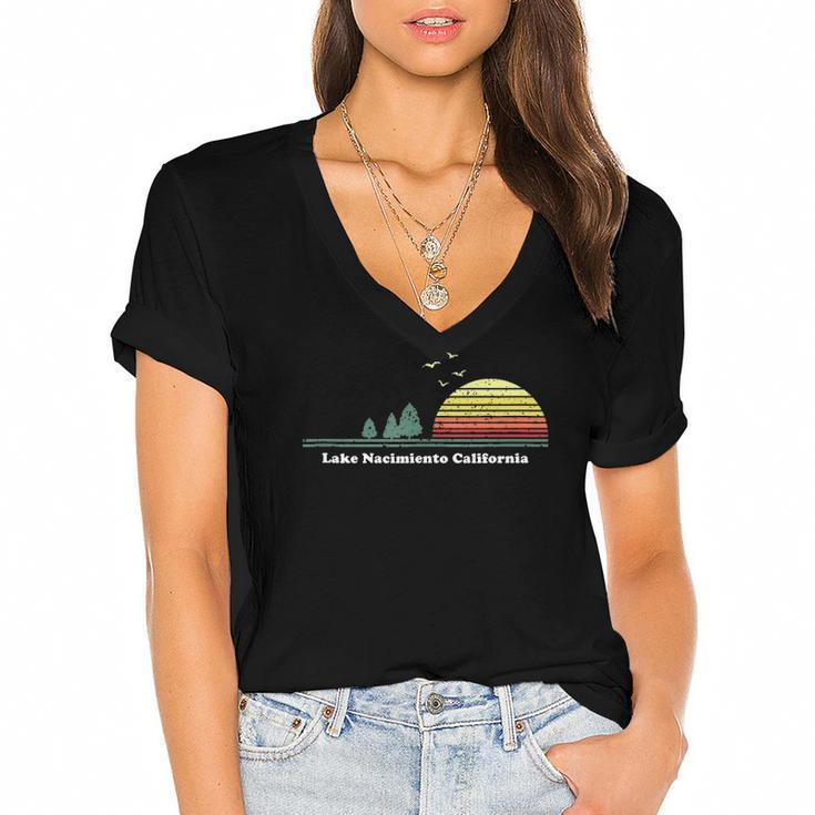 Vintage Lake Nacimiento California Sunset Souvenir Print Women's Jersey Short Sleeve Deep V-Neck Tshirt