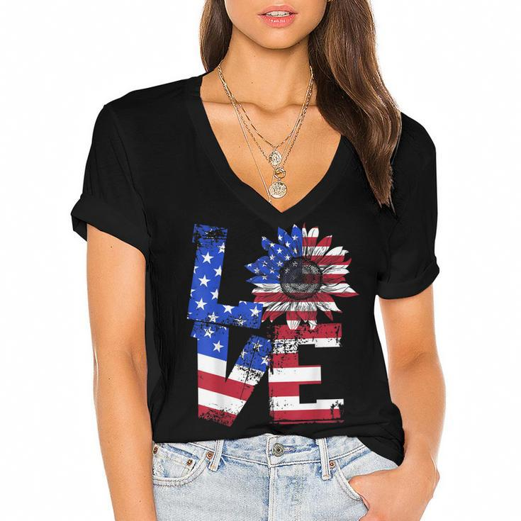 Vintage Love Sunflower Patriotic American Flag 4Th Of July  Women's Jersey Short Sleeve Deep V-Neck Tshirt