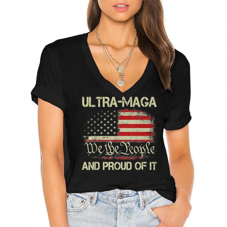 Vintage Ultra Maga And Proud Of It We The People Usa Flag  Women's Jersey Short Sleeve Deep V-Neck Tshirt