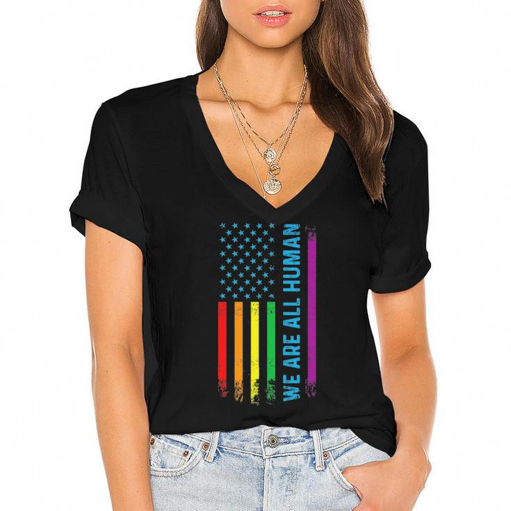 We Are All Human Lgbt Lgbtq Gay Pride Rainbow Flag Women's Jersey Short Sleeve Deep V-Neck Tshirt