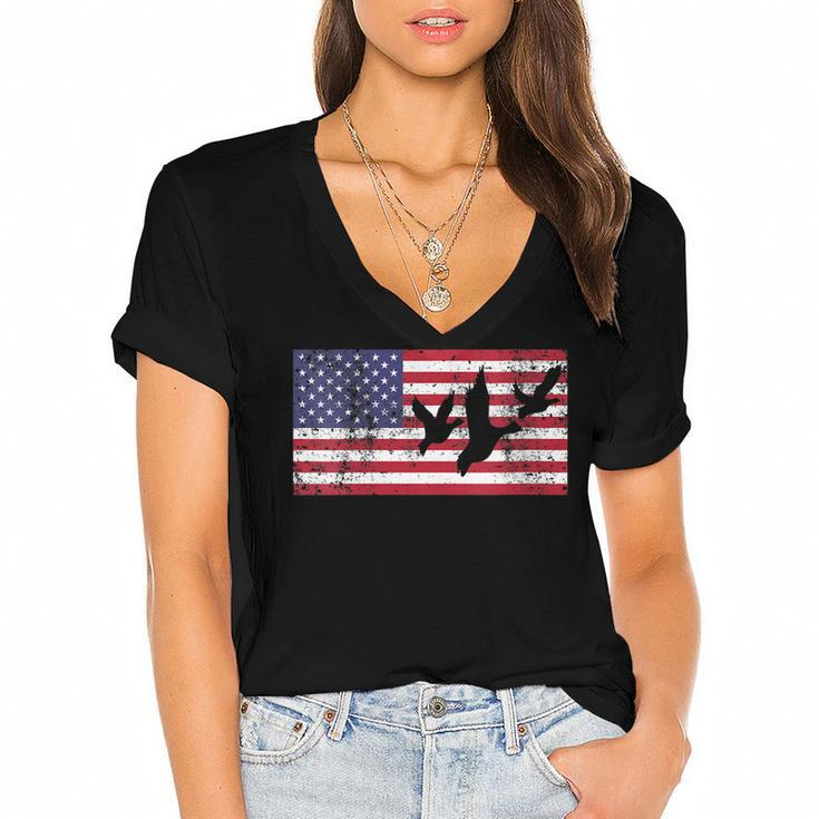Womens 4Th Of July American Flag Hunting Hunter Geese Goose Dad Usa  Women's Jersey Short Sleeve Deep V-Neck Tshirt
