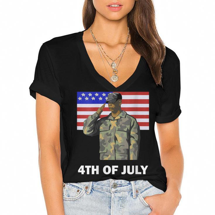 Womens 4Th Of July Proud Army Dad Independence Day American Flag  Women's Jersey Short Sleeve Deep V-Neck Tshirt