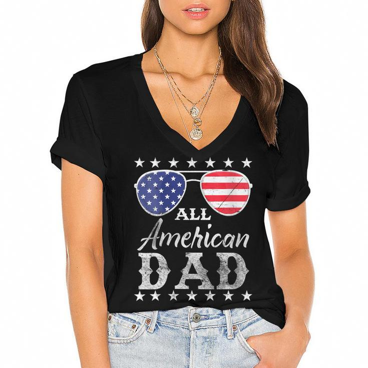 Womens All American Dad Fathers Men Patriotic 4Th Of July  Women's Jersey Short Sleeve Deep V-Neck Tshirt