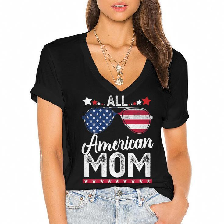 Womens All American Mom 4Th Of July  Mothers Day Women Mommy  Women's Jersey Short Sleeve Deep V-Neck Tshirt