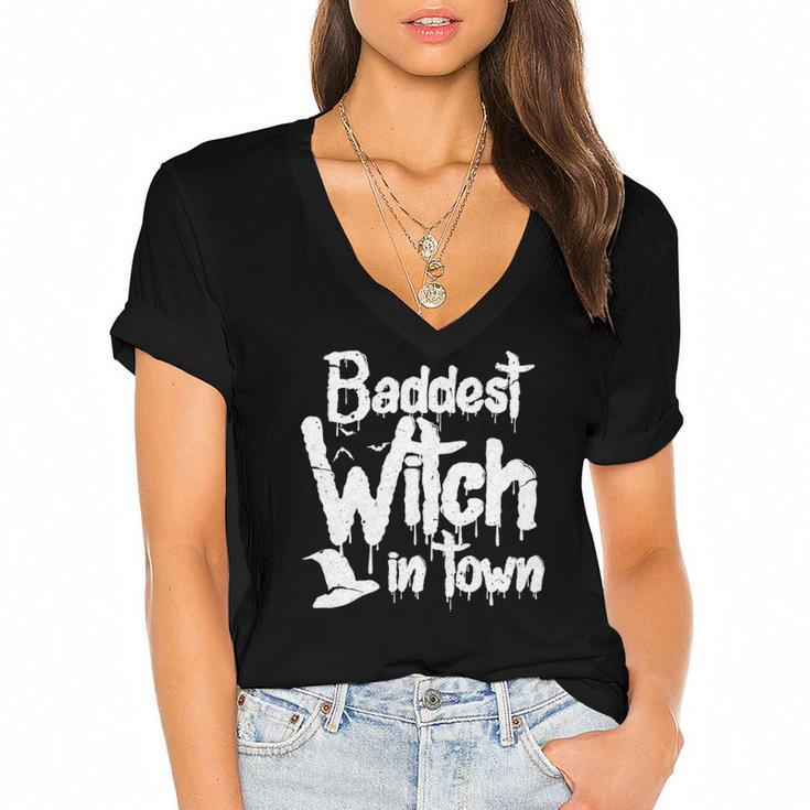 Womens Baddest Witch In Town  Funny Halloween Witches Women's Jersey Short Sleeve Deep V-Neck Tshirt