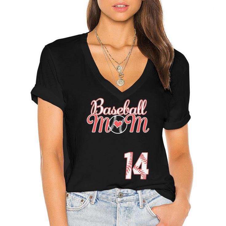 Womens Baseball Mom Mothers Day 14 Baseball Player Jersey  Women's Jersey Short Sleeve Deep V-Neck Tshirt