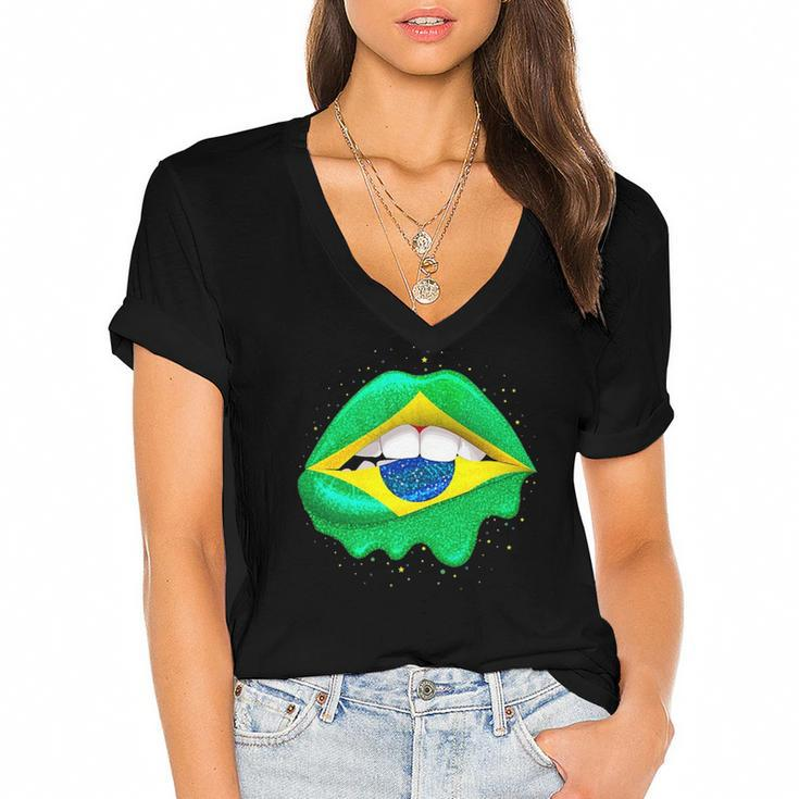 Womens Brazilian Flag Lips  Women Girls Brazil Women's Jersey Short Sleeve Deep V-Neck Tshirt