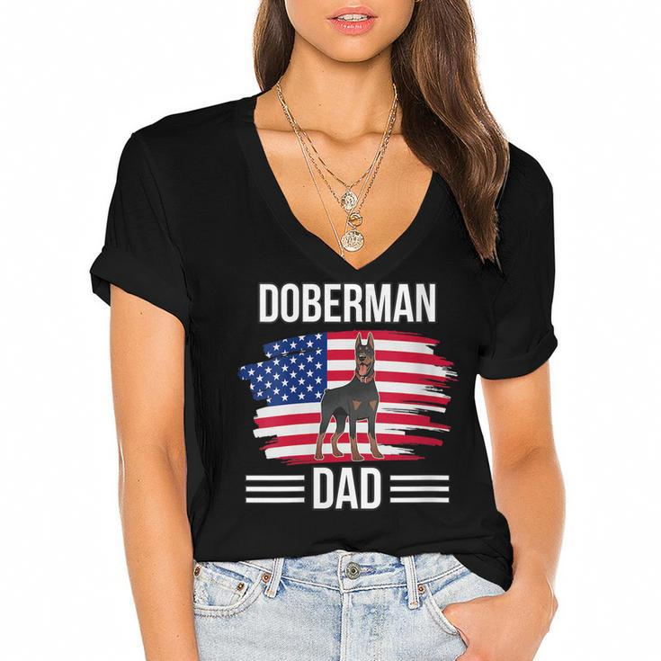 Womens Dog Owner Us Flag 4Th Of July Fathers Day Doberman Dad  Women's Jersey Short Sleeve Deep V-Neck Tshirt